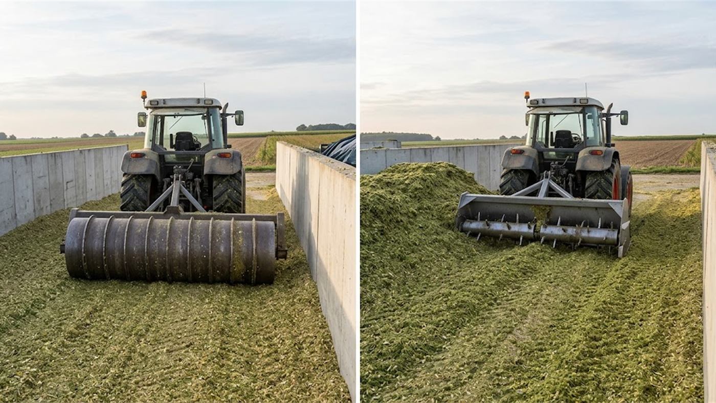 À gauche, le rouleau à anneaux tasse le fourrage en profondeur dans le silo couloir. À droite, le racloir à rotor étale le fourrage déchargé sans défaire le tassement. Image de synthèse.
