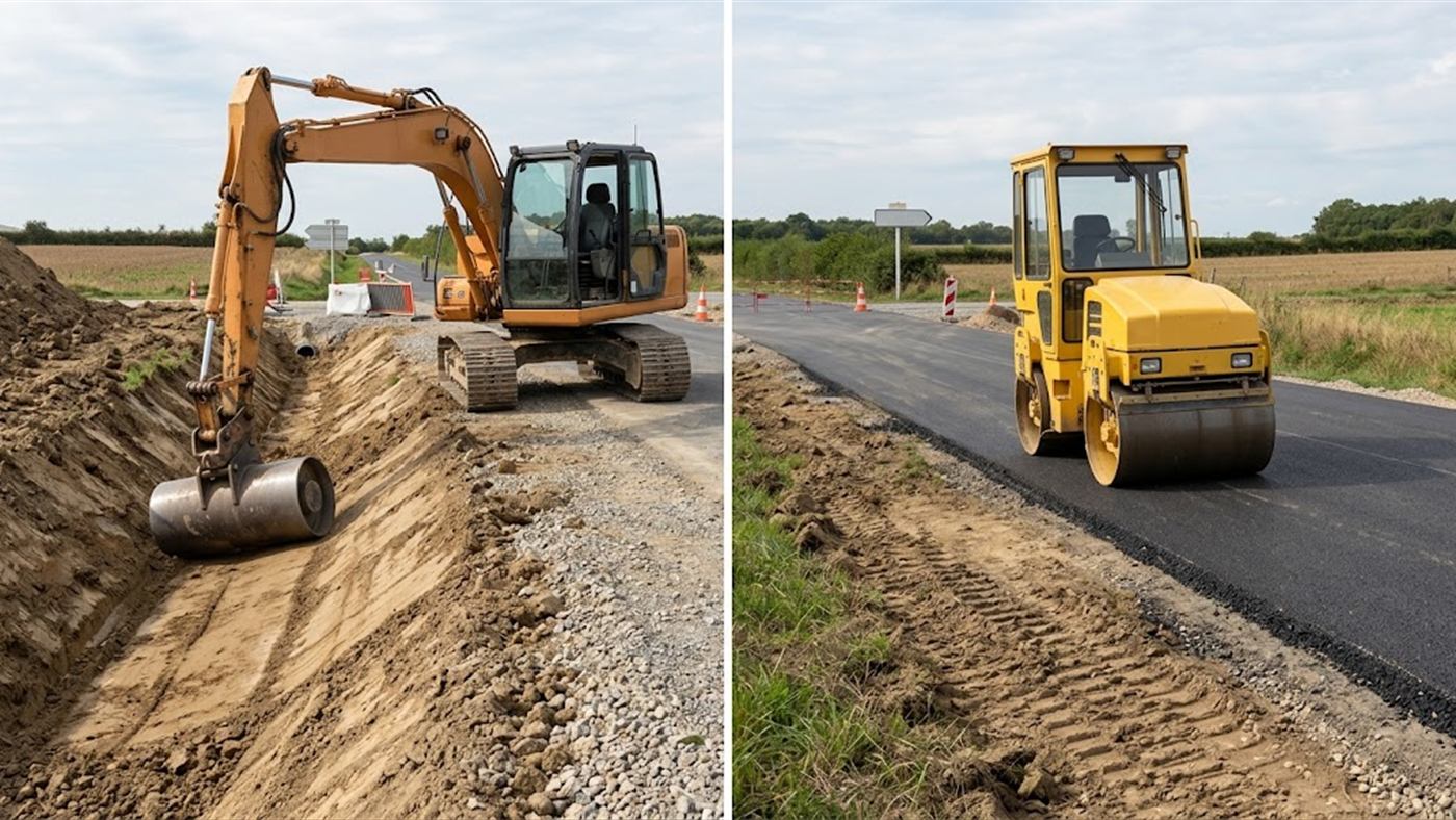À gauche, porté par le bras, le rouleau ferme la surface d'un accotement en dévers. À droite, le rouleau automoteur ne peut pas approcher le bord du fossé en dévers. Image de synthèse.