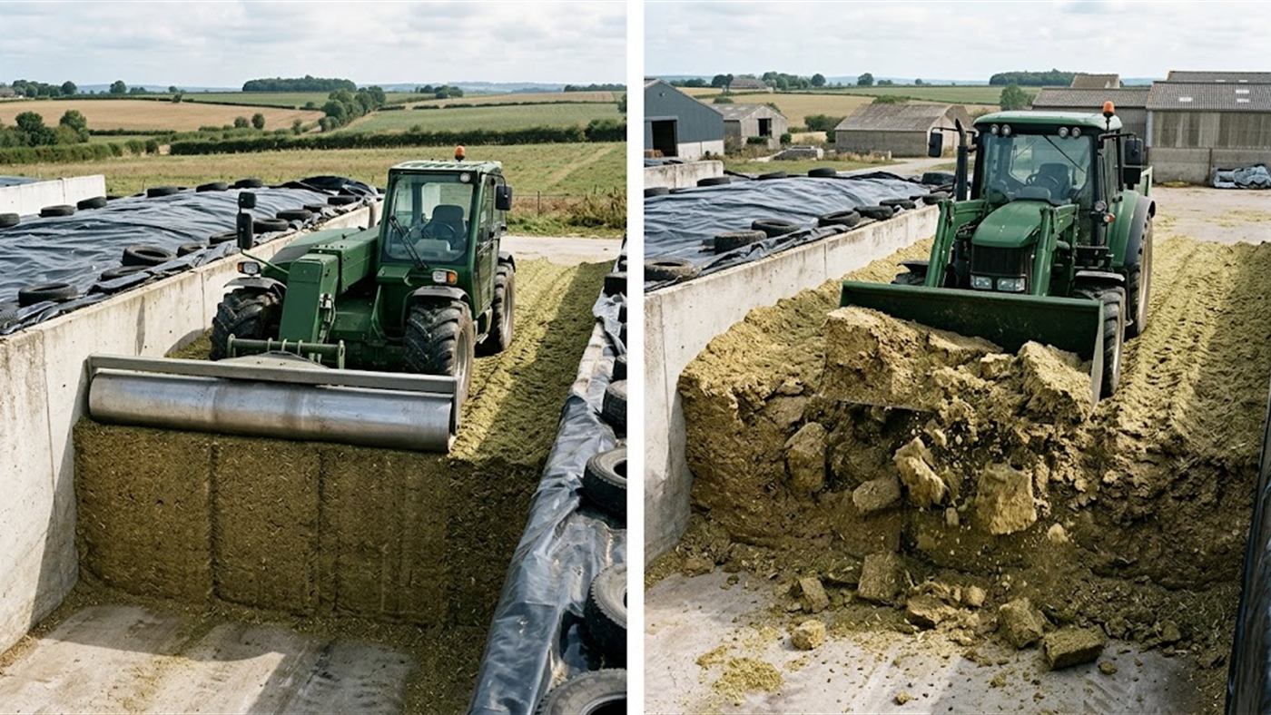 À gauche, le rouleau fraise le front du silo, la face reste lisse et compacte. À droite, arraché au godet simple, le front du silo se déchire et s'ouvre à l'air. Image de synthèse.