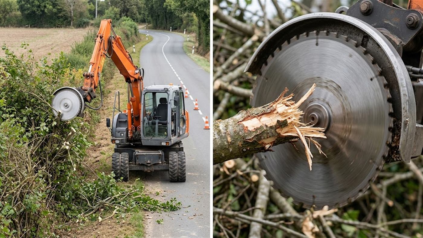 À gauche, la lame à pleine vitesse tranche la branche d'un seul passage, coupe franche. À droite, une lame ralentie déchire la branche et laisse une coupe sale. Image de synthèse.