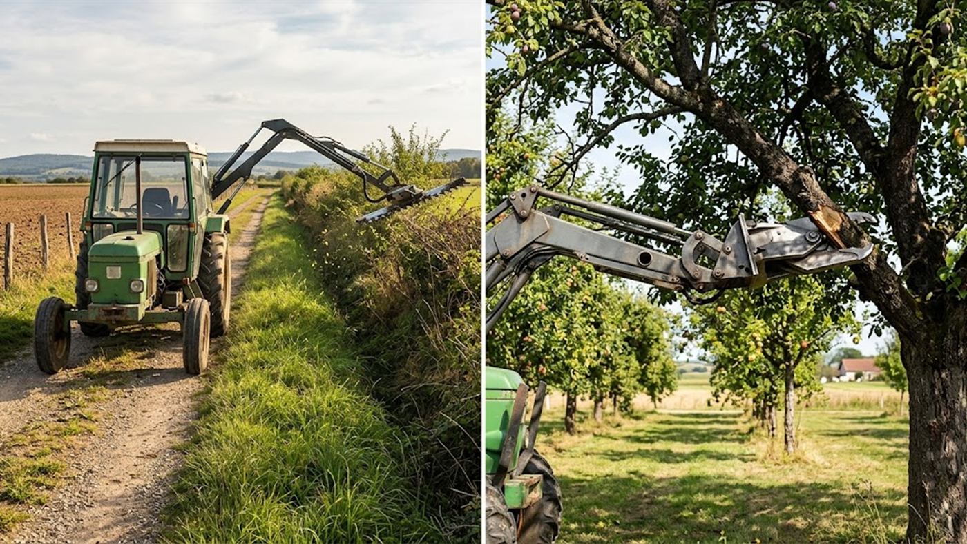 À gauche, le bras déporté taille le dessus de la haie, le tracteur reste sur le chemin. À droite, au bout du même bras, le sécateur tranche une grosse branche en lisière. Image de synthèse.