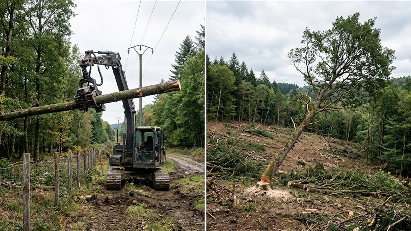À gauche, la tête d'abattage retient le tronc coupé et le dépose sans chute. À droite, en abattage classique, l'arbre tombe librement et exige une zone dégagée. Image de synthèse.