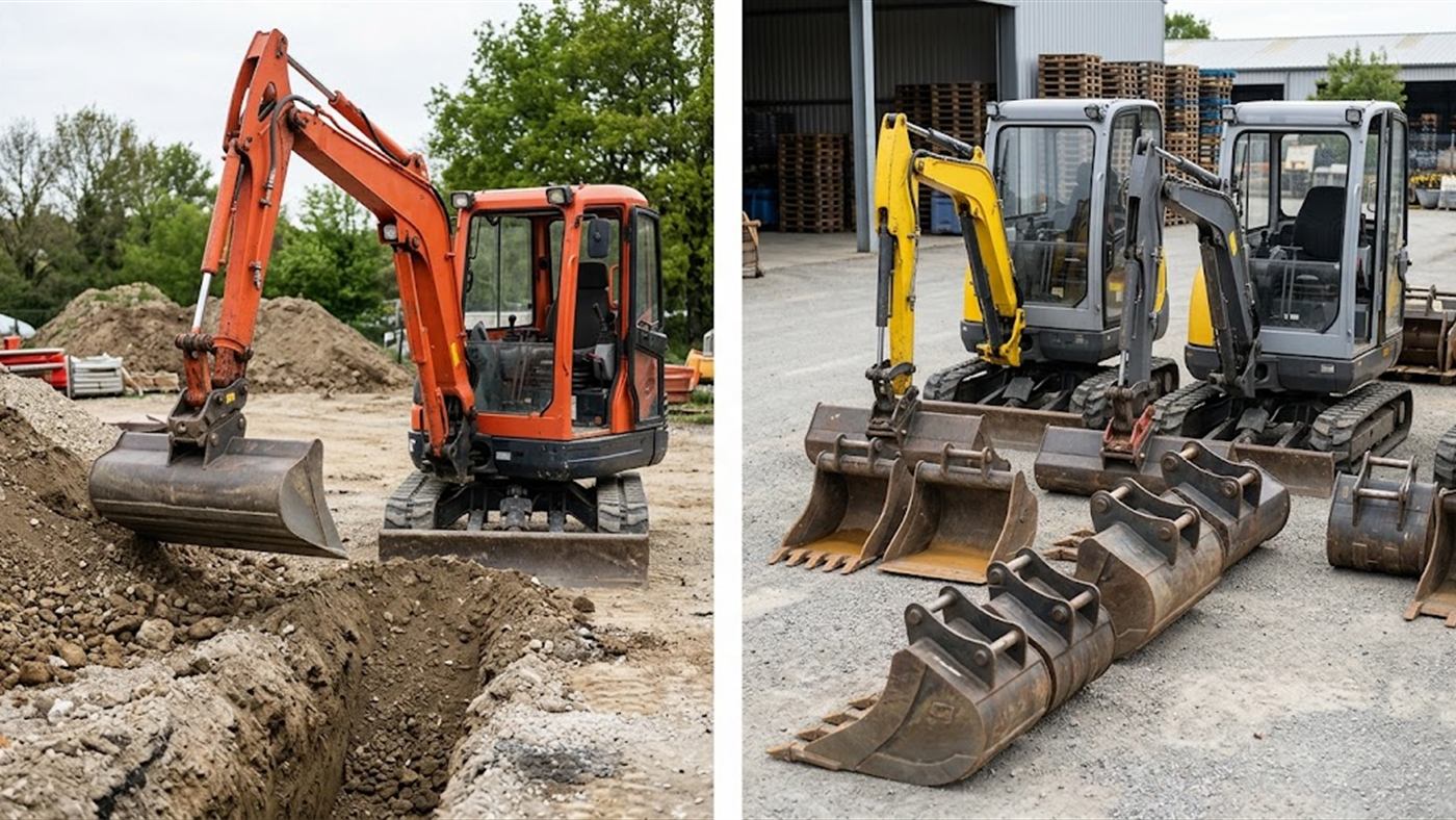 On the left, the mini-excavator's quick coupler locked onto a bucket's mounting plate. On the right, two mini-excavators on the same standard share the same row of tools. Computer-generated image.