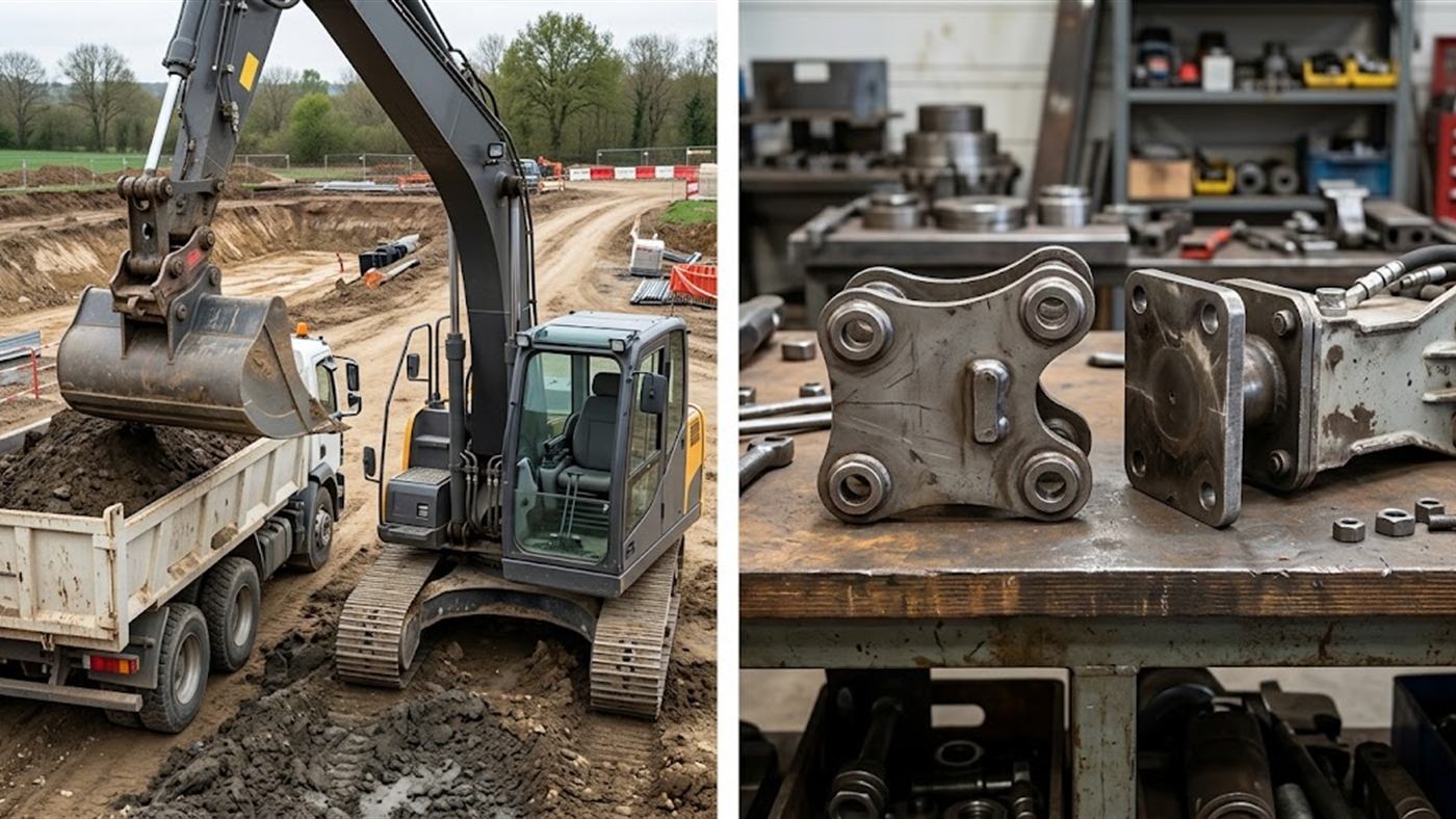 Links: die Original-Aufnahme des Herstellers, am Erdbaulöffel verriegelt. Rechts: die Aufnahme wird an der Maschine erfasst, bevor das Werkzeug gewählt wird. Computergeneriertes Bild.