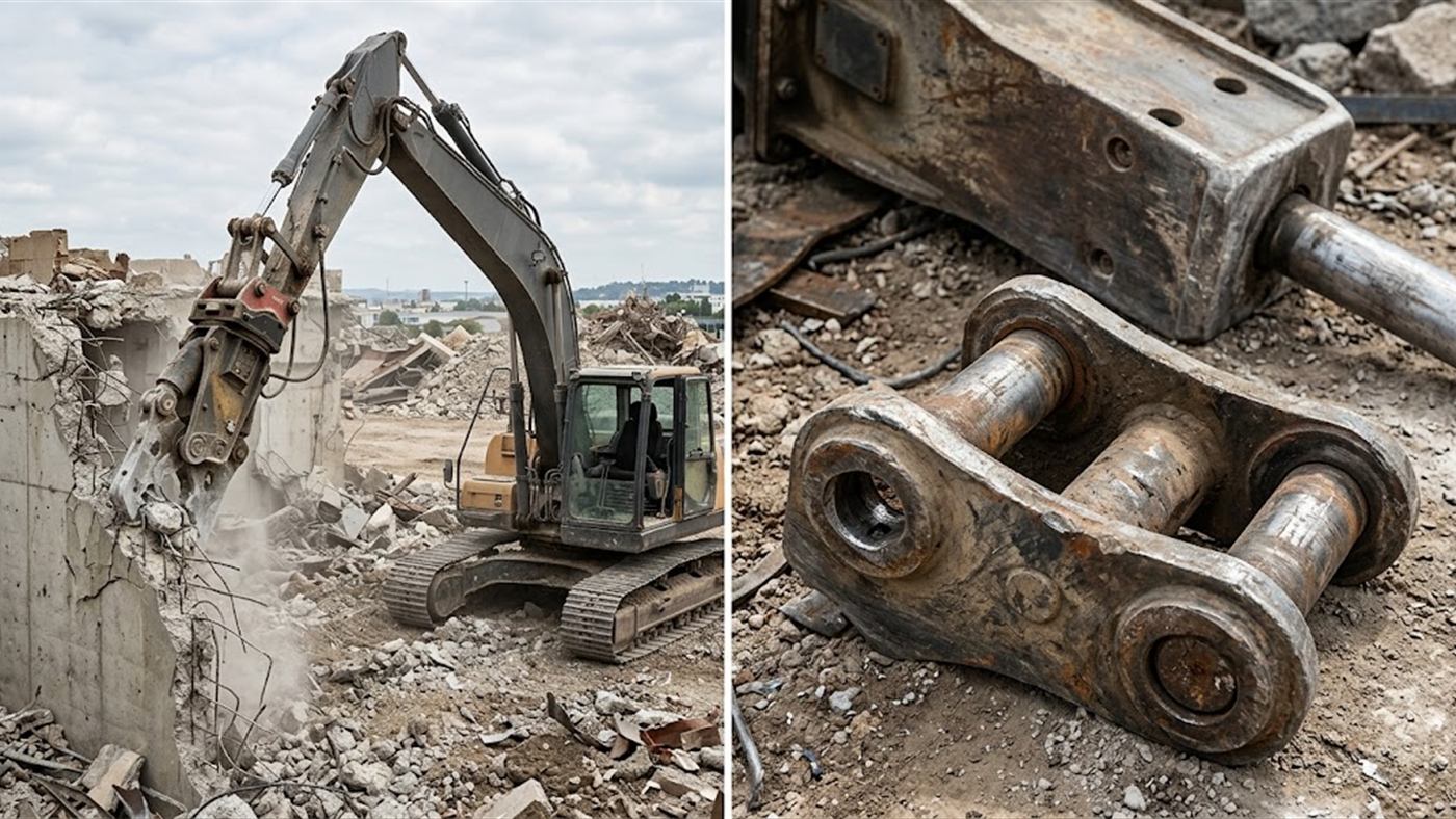 On the left, under a demolition grab, the coupler with sound locks absorbs twisting and shocks. On the right, a worn coupler, with visible play, under a heavy tool. Computer-generated image.