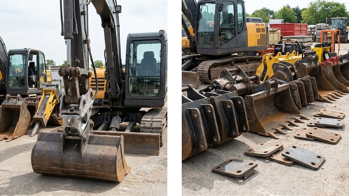 À gauche, un seul standard d'attache pour toute la machine et tout le parc d'outils. À droite, deux standards mélangés, et chaque outil réclame sa platine en double. Image de synthèse.