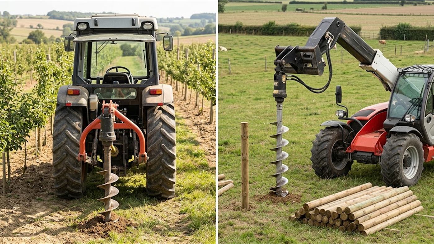 À gauche, portée par le tracteur, la tarière descend droit et remonte la terre le long des spires. À droite, sur chargeur, la tarière à moteur hydraulique perce un trou de poteau. Image de synthèse.