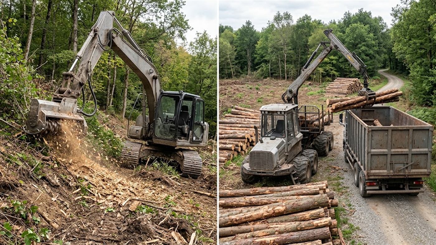 À gauche, le broyeur réduit la friche sur place, les plaquettes restent au sol. À droite, après une coupe, l'andain doit être chargé puis évacué par camion. Image de synthèse.