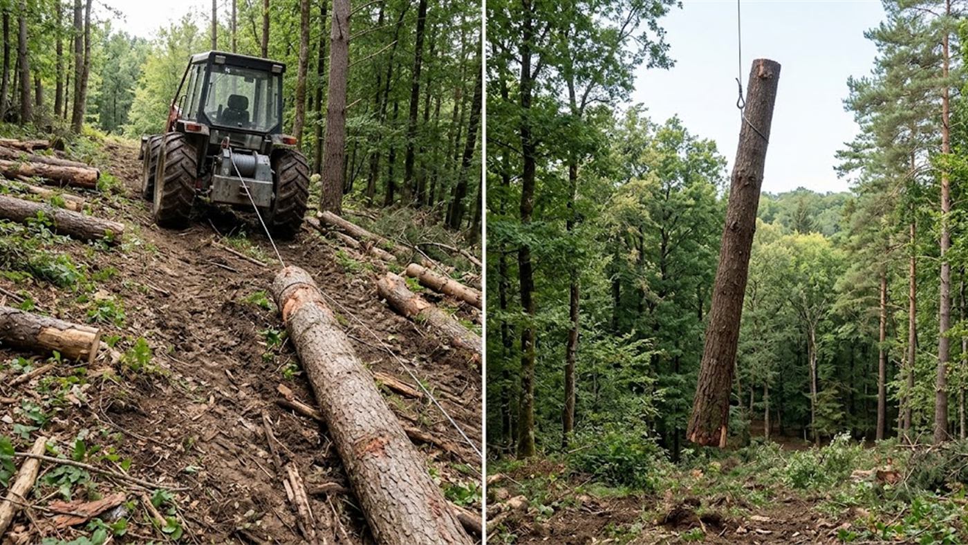 À gauche, le treuil hale le tronc au sol, l'effort reste dans l'axe du câble. À droite, une charge suspendue au câble relève du levage, pas du treuil. Image de synthèse.