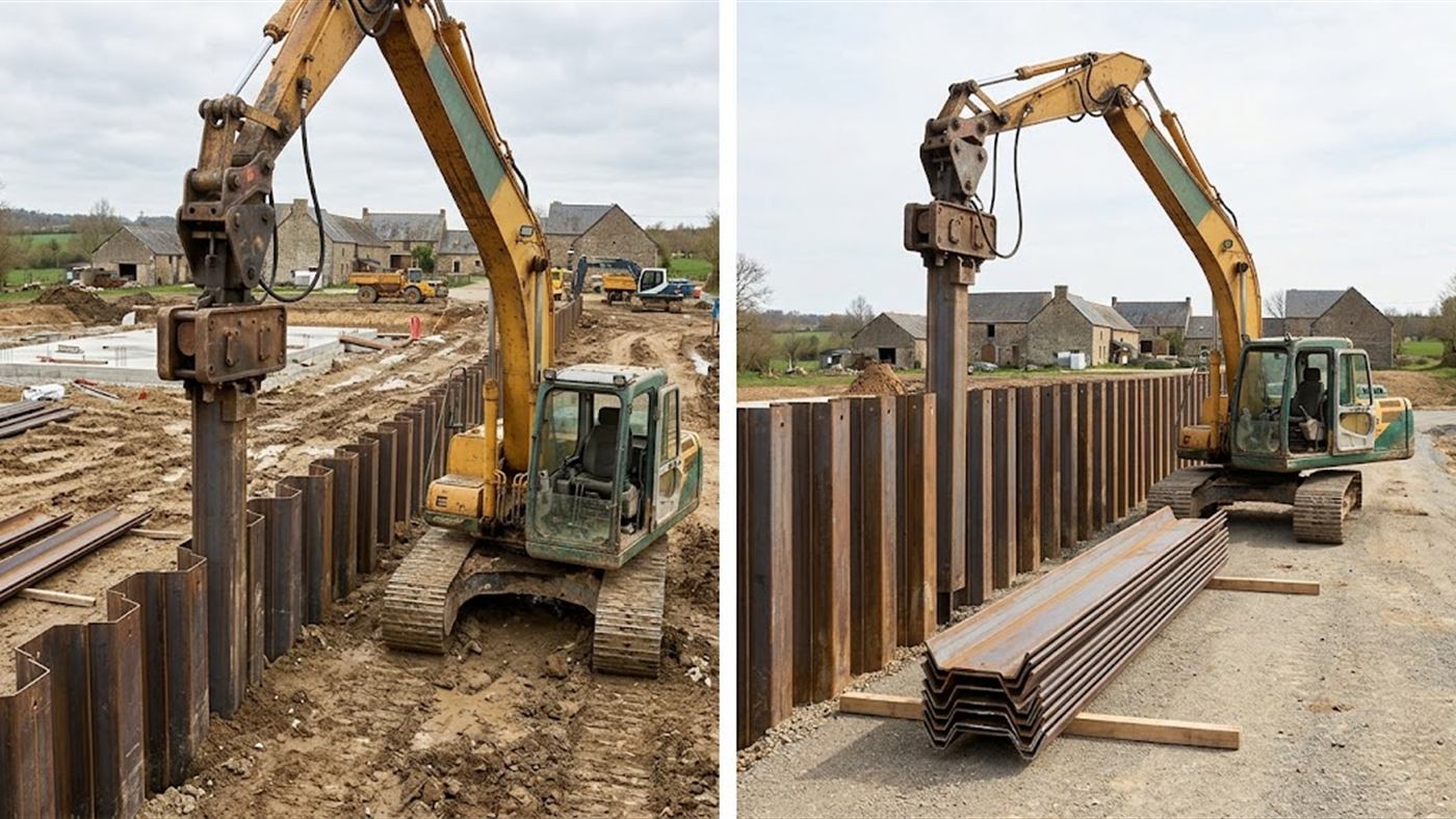On the left, the vibratory driver sinks the sheet pile, guided by the interlock of the previous one. On the right, the same process extracts the sheet piles, intact, for another job. Computer-generated image.
