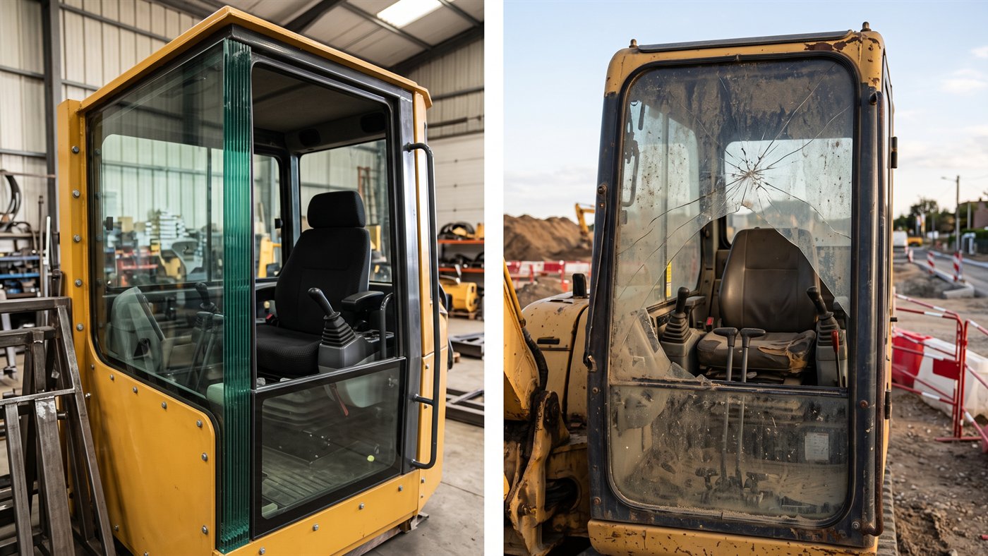 À gauche, un vitrage d'engin épais et trempé, posé dans sa cabine, l'épaisseur se lit sur la tranche. À droite, un pare-brise fendu laissé en service n'assure plus la protection du conducteur. Image de synthèse.