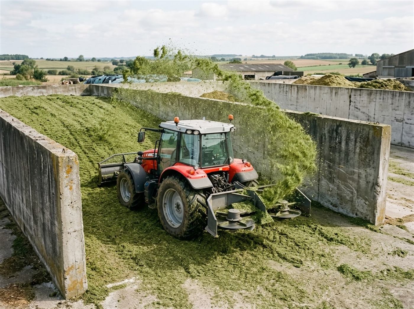 Un tracteur agricole recule sur un silo couloir ; un éparpilleur à deux disques attelé à l'arrière projette l'herbe hachée en éventail vers les murs de béton ; personne n'est visible.
