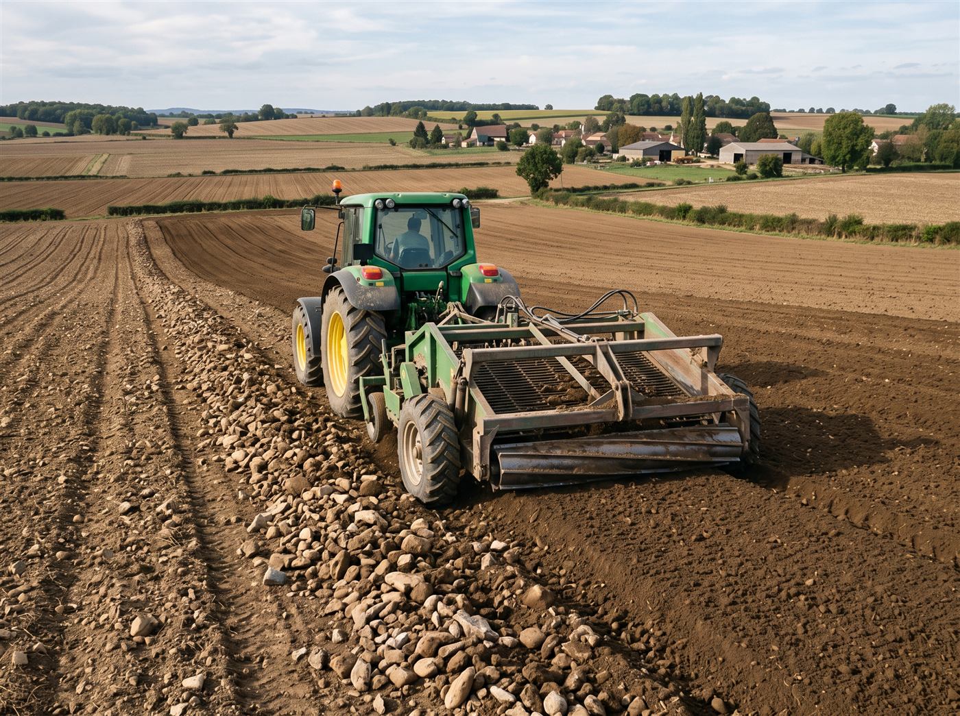 Una despedregadora-separadora trabajando en un campo de tierra fina: la tierra suelta sigue su camino, mientras las piedras y los terrones se apartan a un lado.