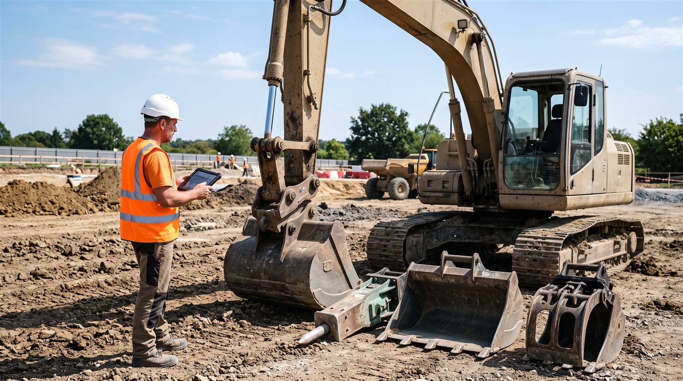 Sur un chantier, une personne en gilet orange relève des informations sur une tablette devant une pelle sur chenilles ; trois accessoires sont posés au sol devant elle — un brise-roche, un godet de terrassement et un godet squelette