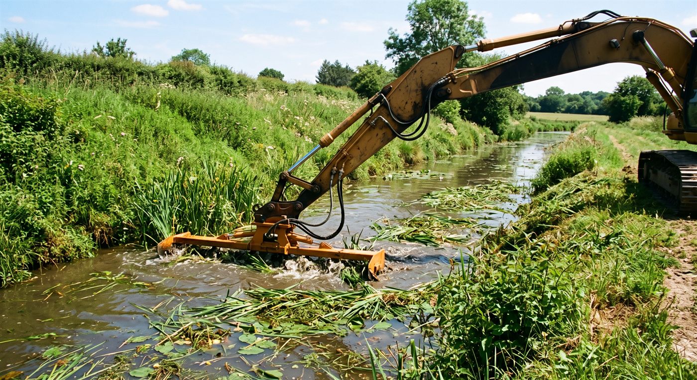 Faucardeur immergé dans un cours d'eau : une barre de coupe horizontale portée en bout de bras travaille sous la surface, et la végétation sectionnée flotte autour d'elle, entre deux berges enherbées.