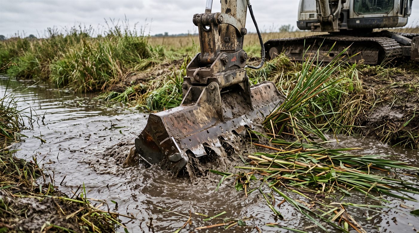 Une barre faucheuse sectionnant la végétation au ras du fond d'un fossé en eau, les tiges coupées flottant à la surface et l'eau boueuse remuée derrière l'outil.