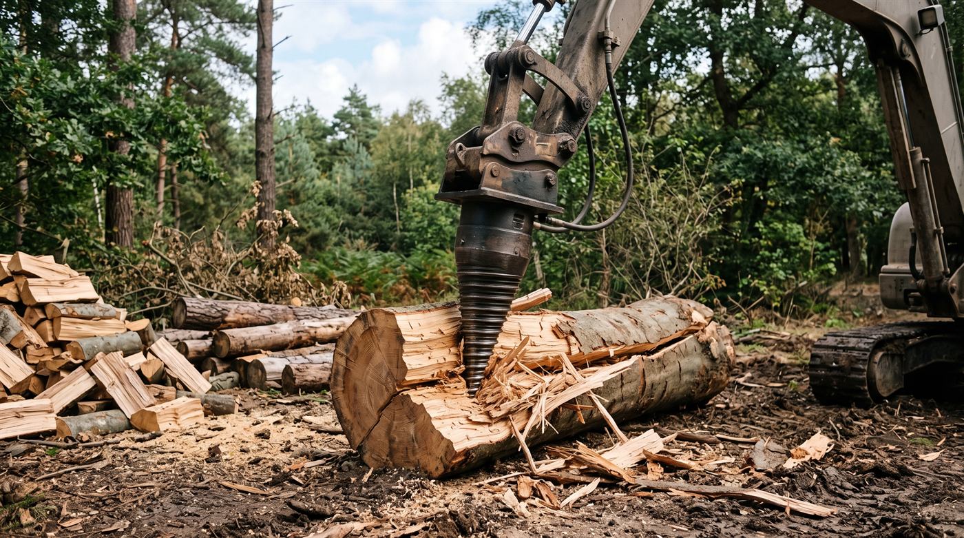Cône fileté vissé dans une bille de bois qui s'ouvre, tas de bois fendu à côté