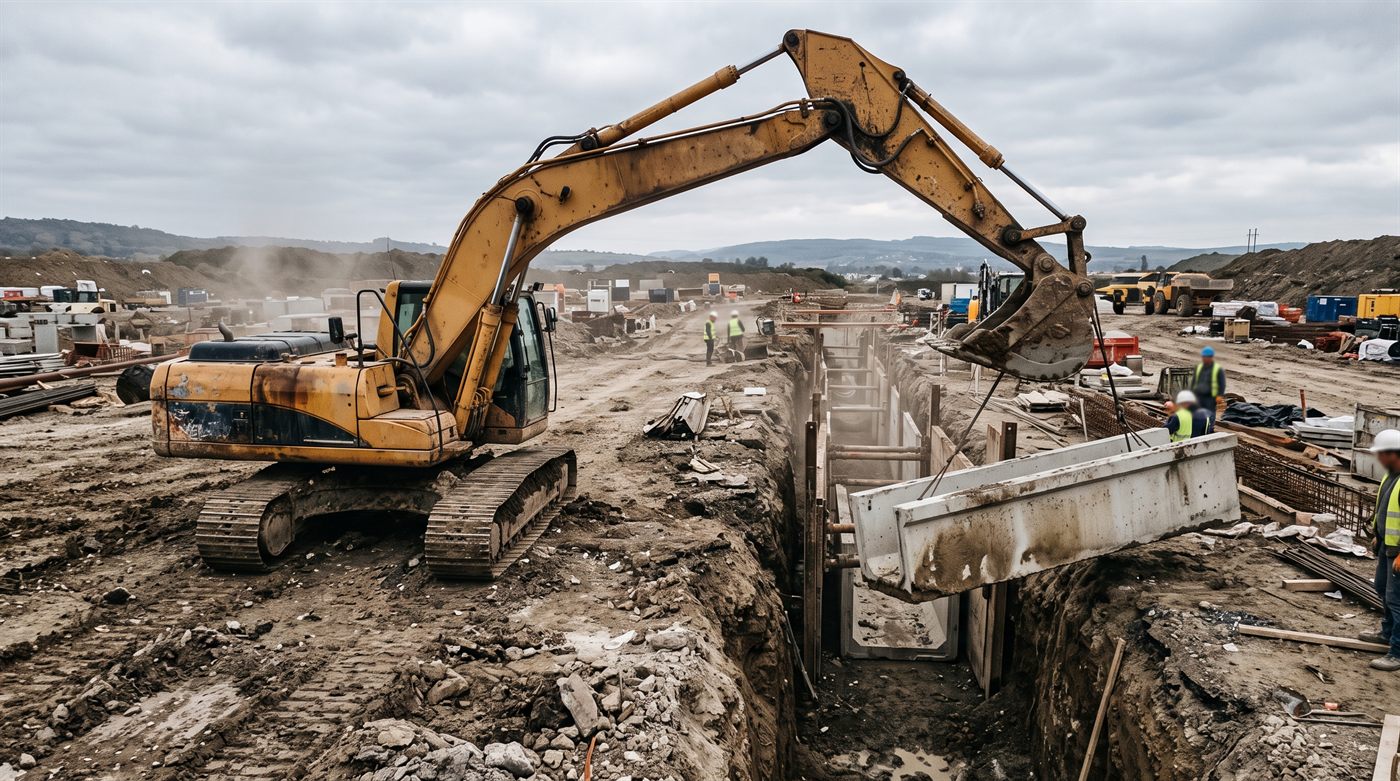 Ein Bagger, der ein Betonteil über einem offenen Aushub absetzt, die Maschine vom Rand zurückgesetzt, zwei Arbeiter in Warnwesten führen die Last.
