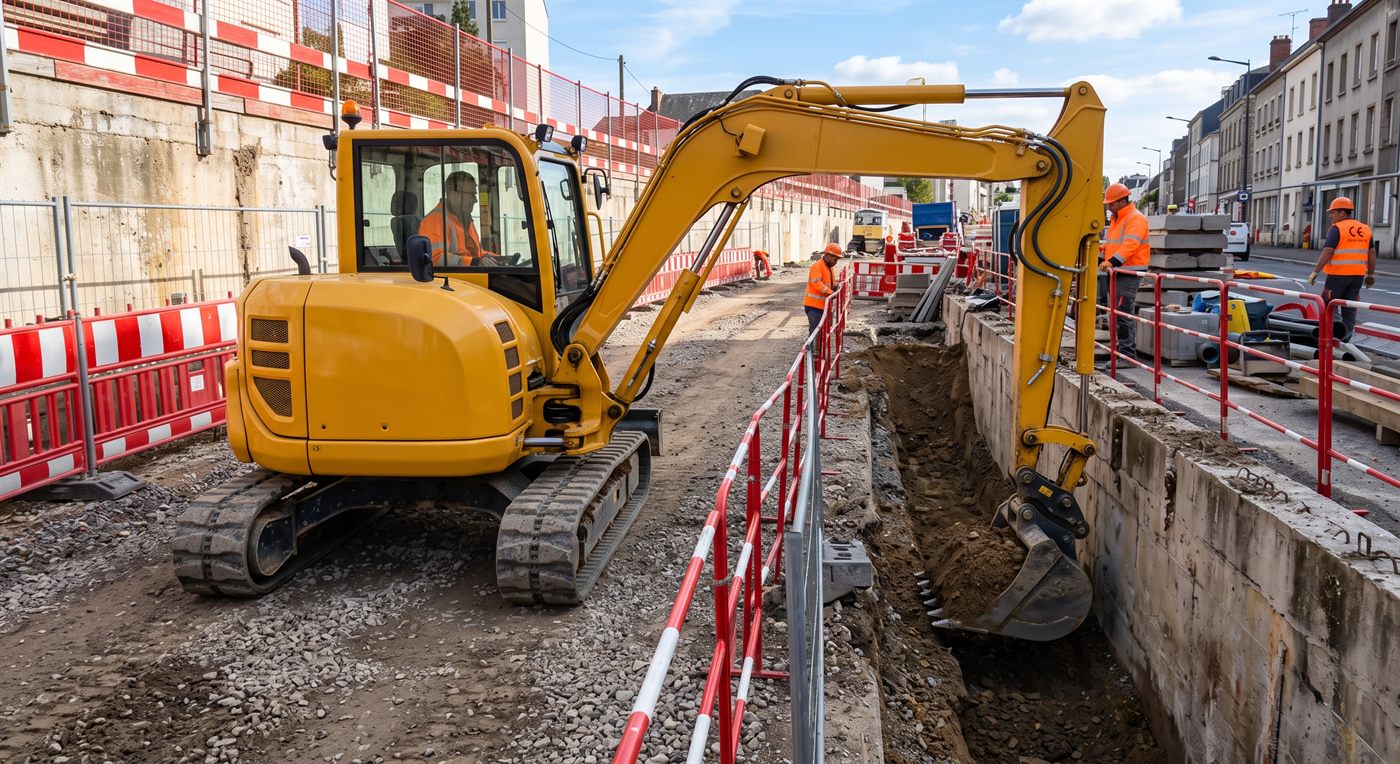 Ein Bagger, der an einer Straßenmauer steht, Ketten parallel zum Graben, dessen abgewinkelter Ausleger den Löffelstiel zur Seite versetzt, um am Fuß der Mauer zu graben, ohne dass der Oberwagen sich drehen muss.