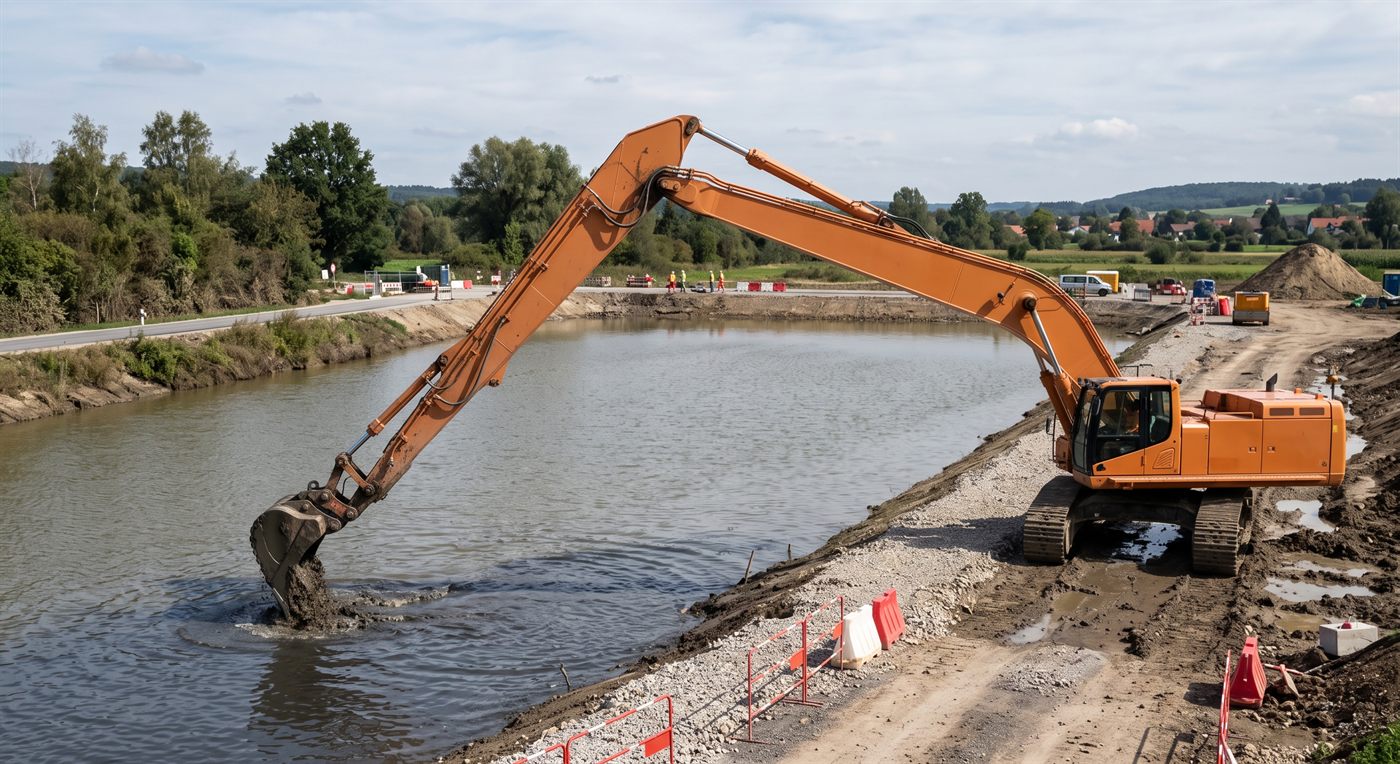 Une pelle à équipement très allongé, postée sur la berge d'un bassin, dont le godet ramène la vase du fond bien au-delà du bord ; campagne, barrières de chantier sur la piste.