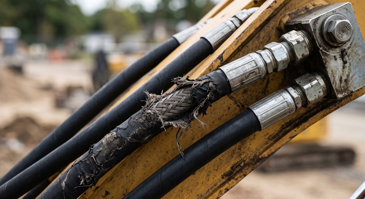 Trois flexibles hydrauliques longeant un bras de pelle et sertis dans leurs raccords à écrou tournant ; sur l'un d'eux l'enveloppe est arrachée et la tresse métallique apparaît à nu, effilochée.