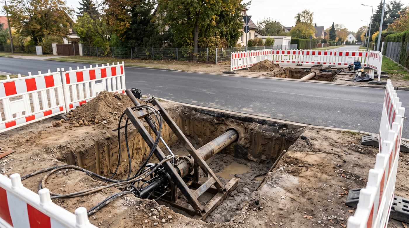 Startgrube mit geneigtem Gestell und waagerecht unter eine unversehrte Fahrbahn eingeführtem Stahlrohr, zweite Zielgrube auf der anderen Straßenseite