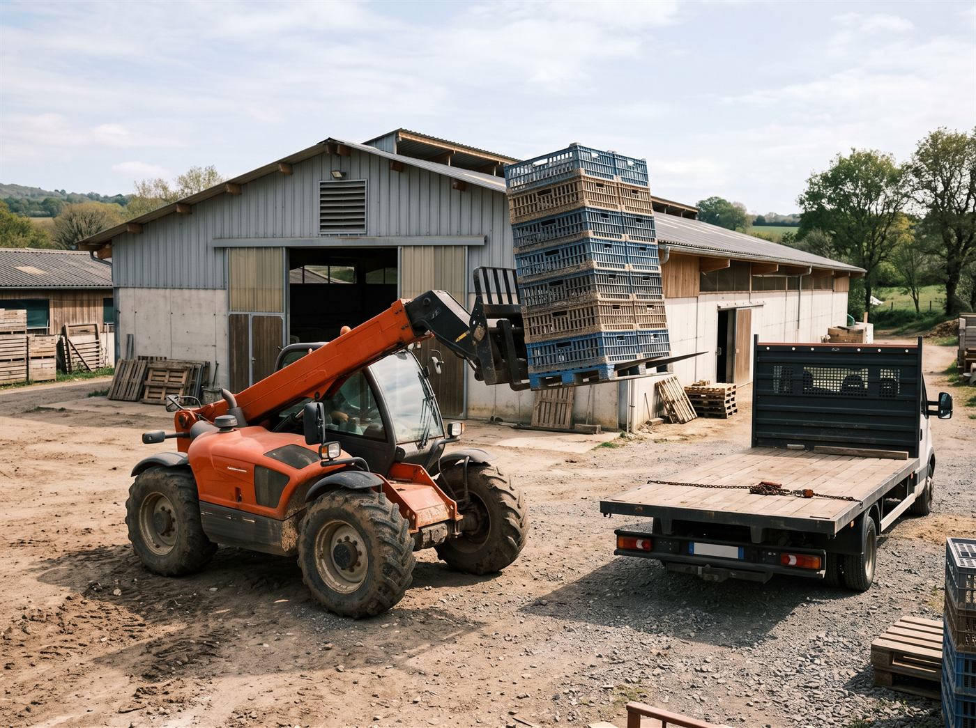 Un chargeur télescopique soulève une pile de cages à volaille vides avec une fourche à deux dents longues, devant un bâtiment d'élevage ; un camion à plateau attend à côté.