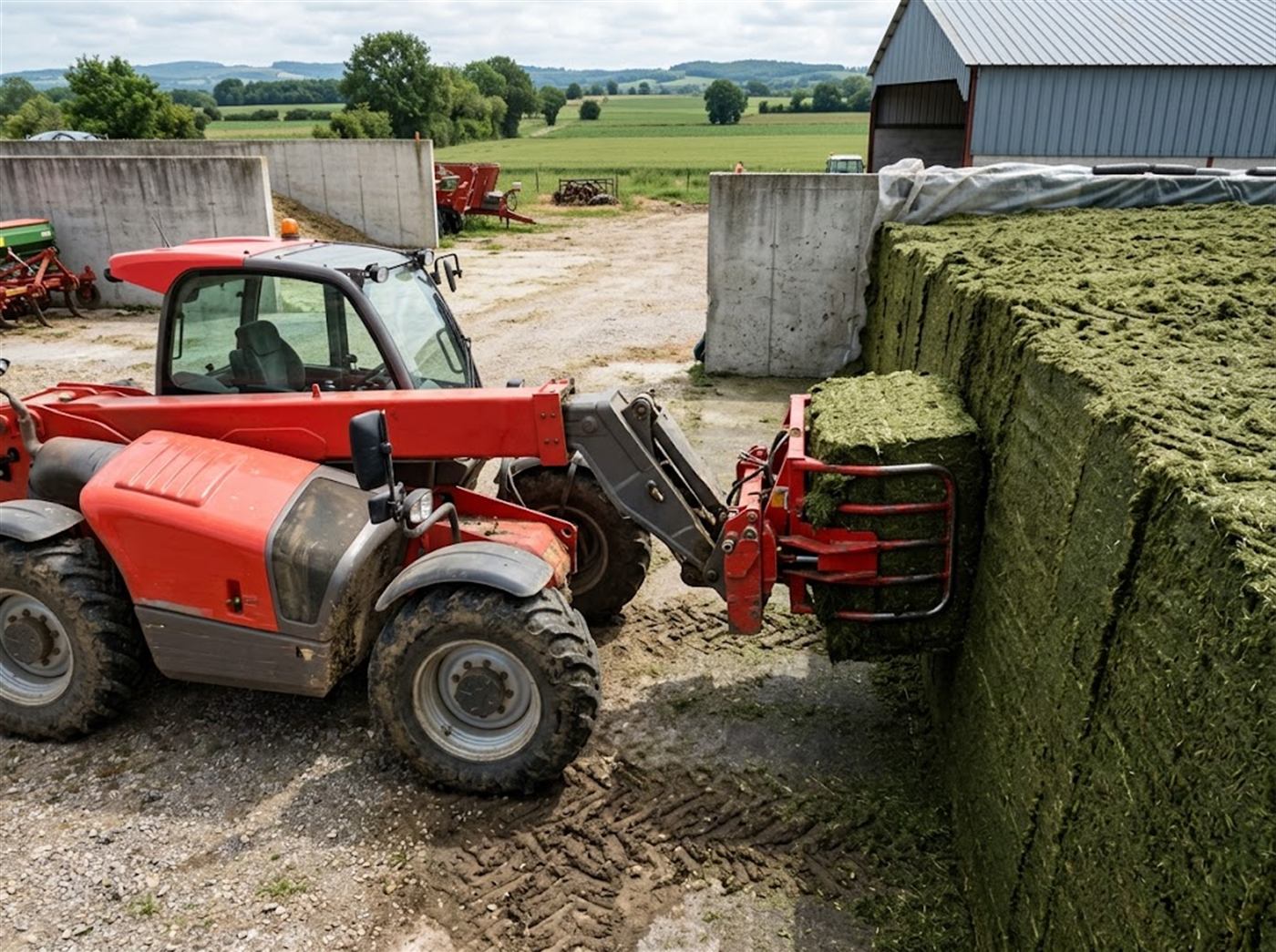 A telehandler takes a block of grass silage from the face of a bunker silo with a fork with cutting blade; the cut wall stays smooth and vertical, nobody is visible.