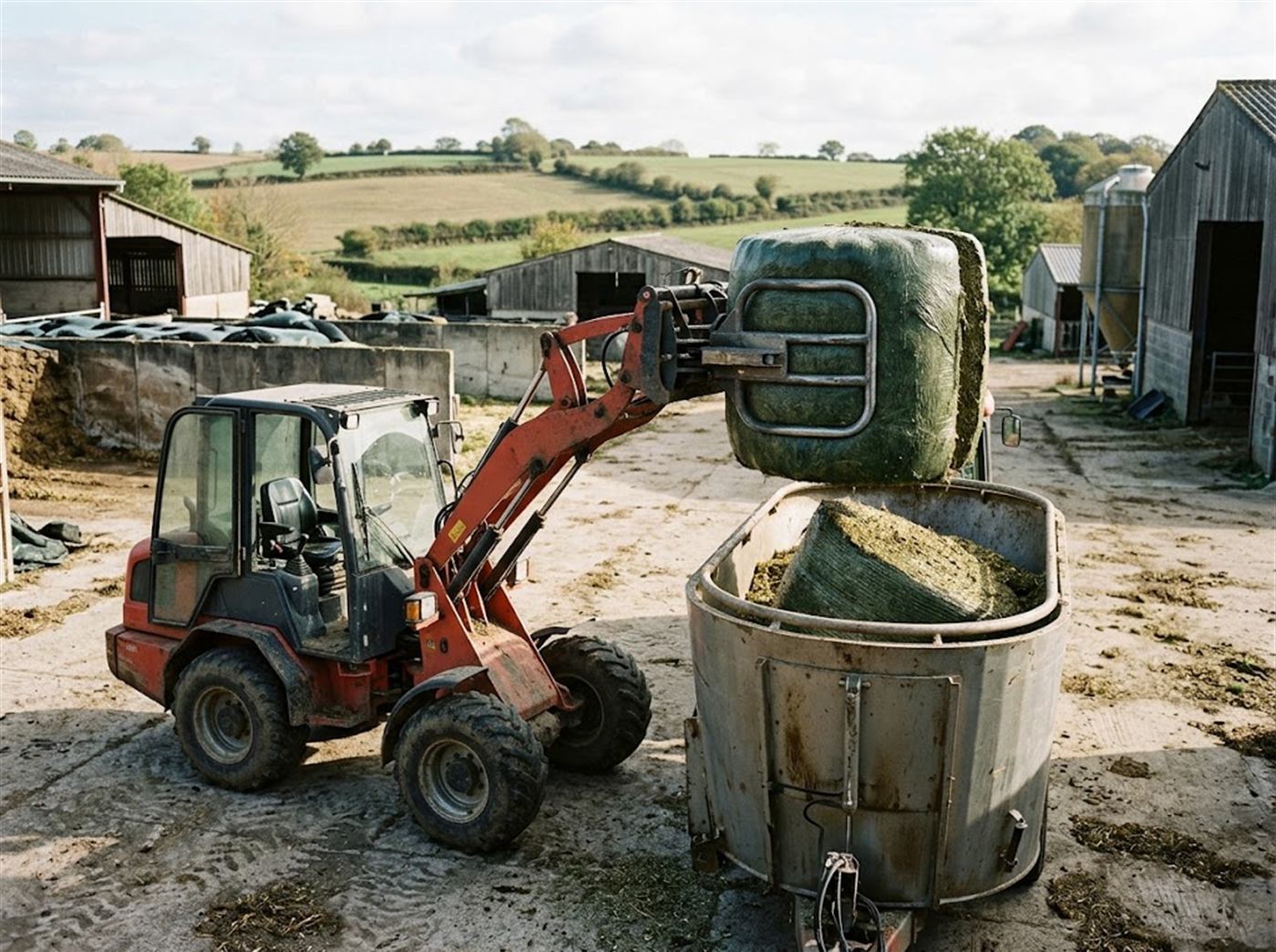Un chargeur agricole tient une balle ronde d'ensilage serrée dans une pince à dents et à barre de coupe, au-dessus de la cuve d'une mélangeuse fourragère, la balle tranchée en deux moitiés ; personne n'est visible.