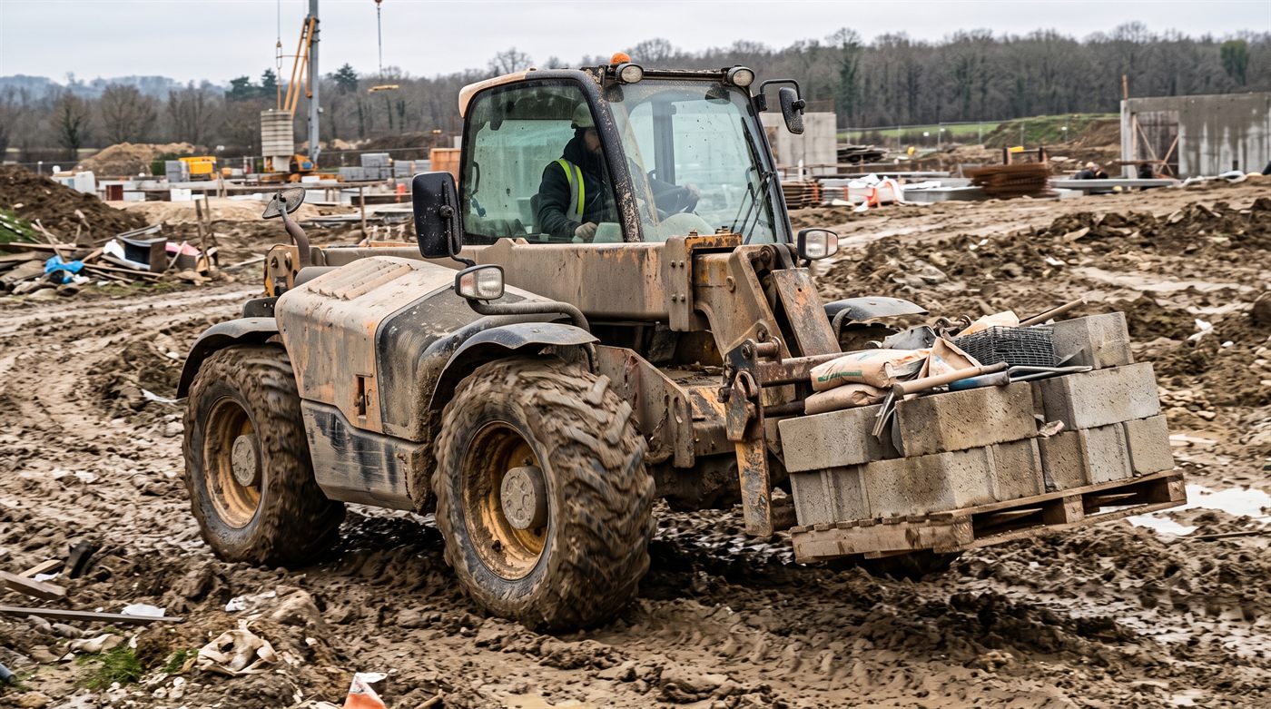 Un chariot télescopique de chantier, roues enfoncées dans la boue, fourches chargées d'une palette de blocs béton et de sacs, sur un terrain détrempé.