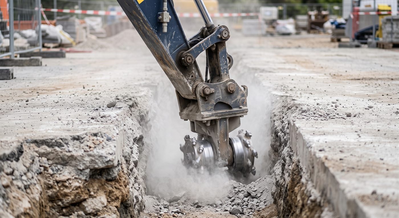 Two cutting drums on a vertical axis, fitted under the tool, lowered into a slot with vertical walls opened in hard ground; cutting dust.