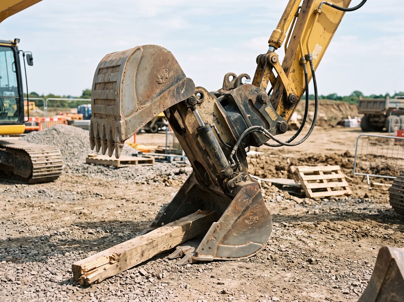 Godet quatre en un ouvert en deux parties, saisissant une pièce de bois sur une plateforme de chantier