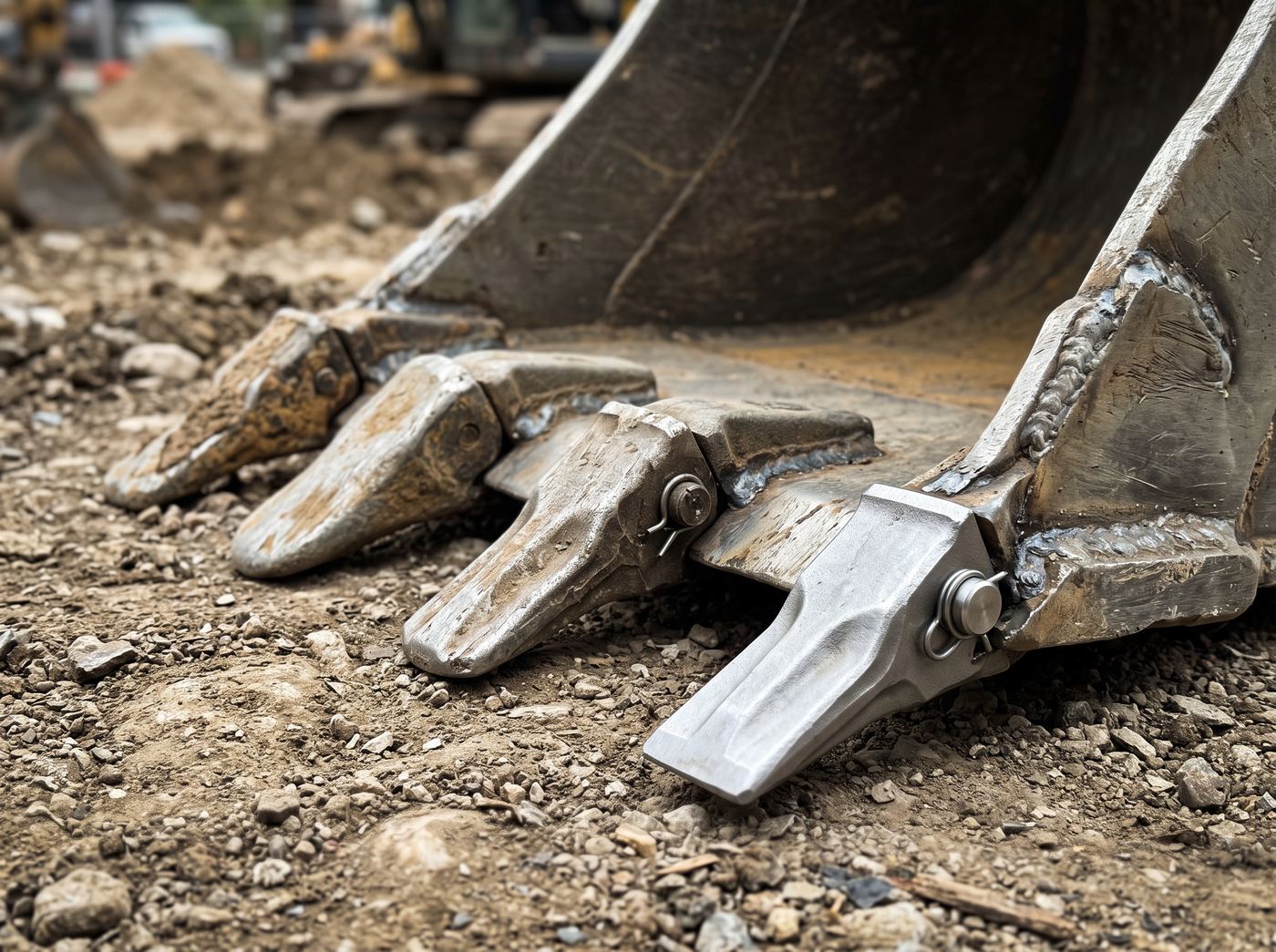 Gros plan sur l'arête d'un godet : porte-dents soudés et dents rapportées emboîtées, certaines neuves, d'autres usées