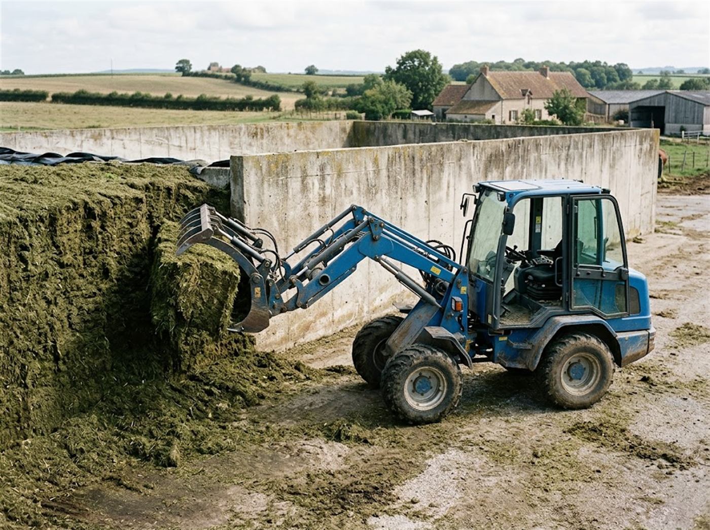 Un chargeur agricole arrache un bloc d'ensilage d'herbe au front d'un silo couloir en béton, le bras à dents de son godet à grappin refermé sur la matière ; personne n'est visible.
