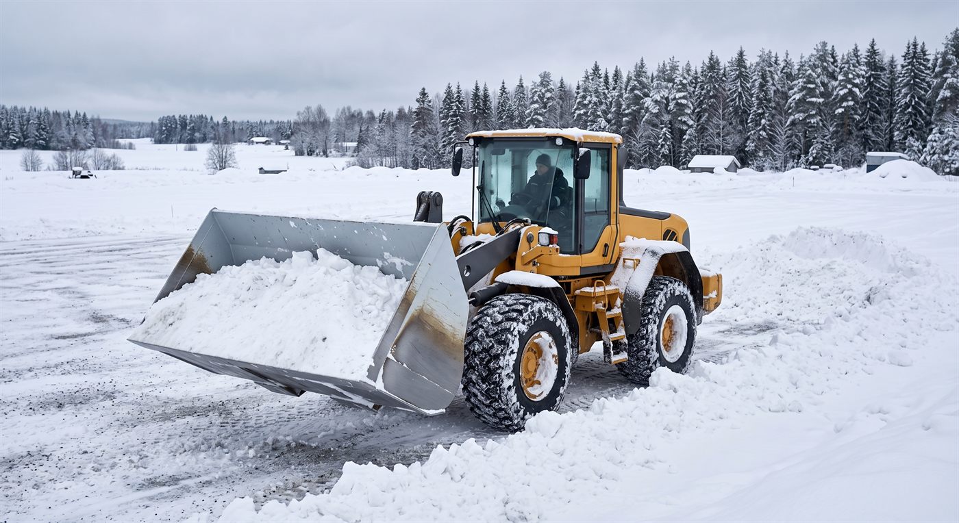Un godet à neige de très grand volume, à parois hautes et à arête lisse sans dents, monté sur une chargeuse et rempli de neige, sur une aire dégagée en hiver.