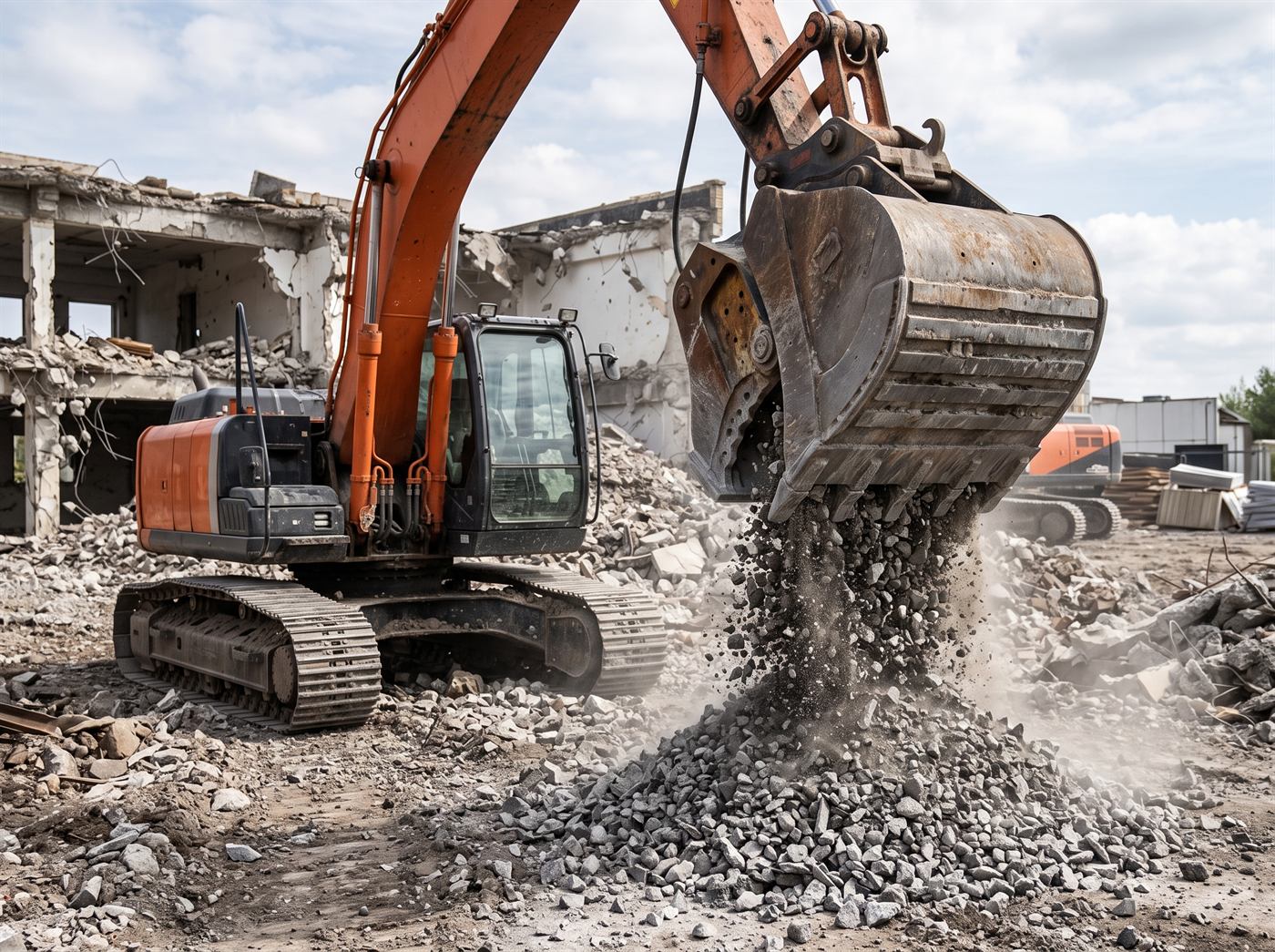 Godet concasseur déversant du granulat calibré sur un chantier de démolition
