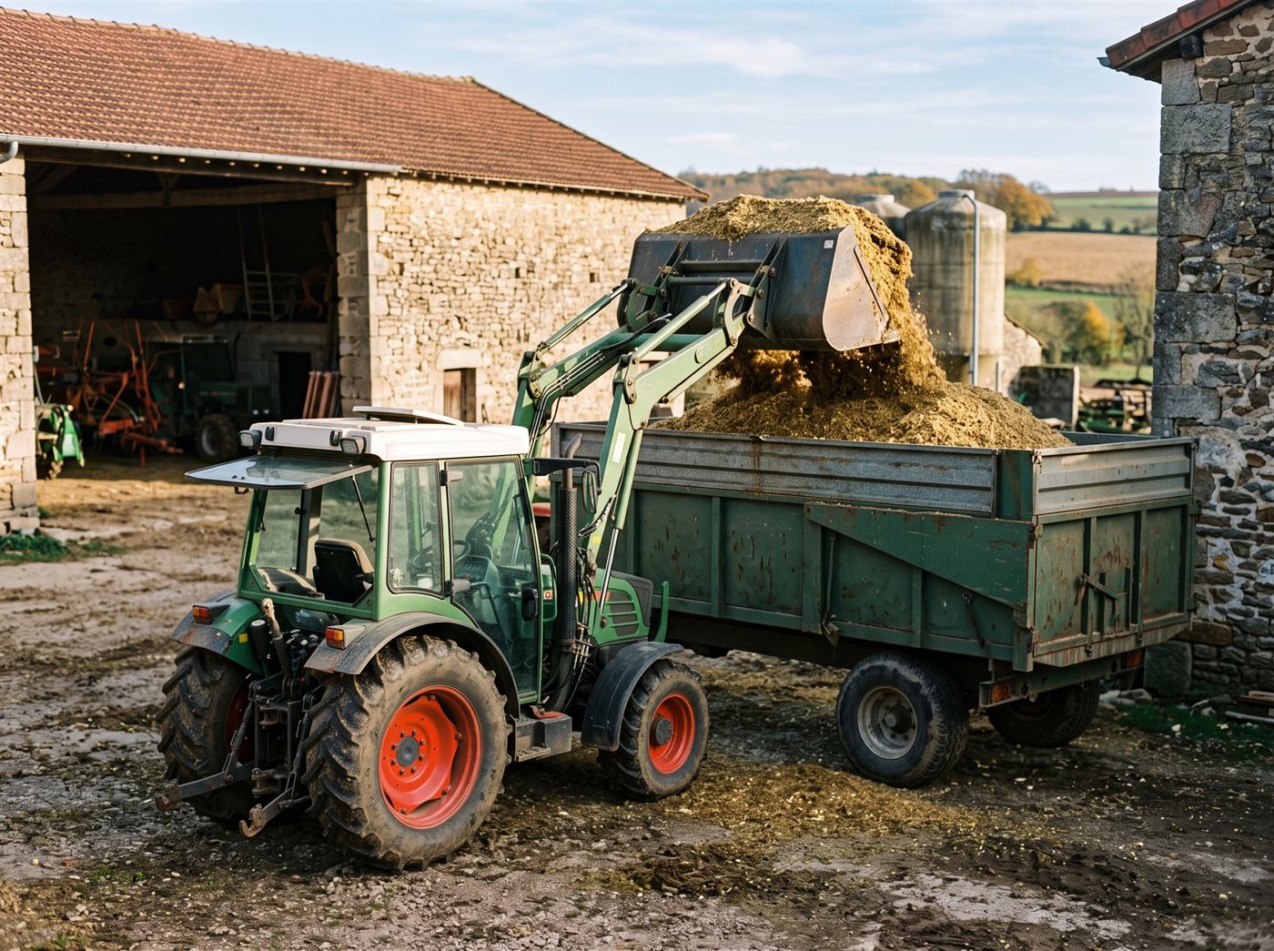 Un chargeur agricole lève un grand godet rempli de maïs ensilé et le déverse par-dessus la ridelle d'une remorque, dans une cour de ferme ; personne n'est visible.