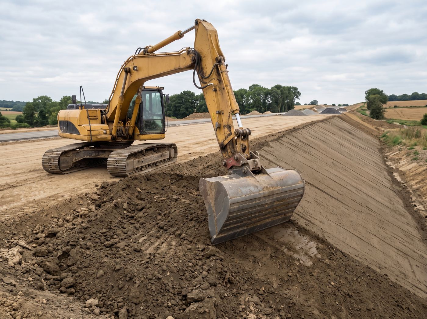Large godet de talutage sans dents lissant un talus de remblai en pente régulière le long d'une plateforme neuve