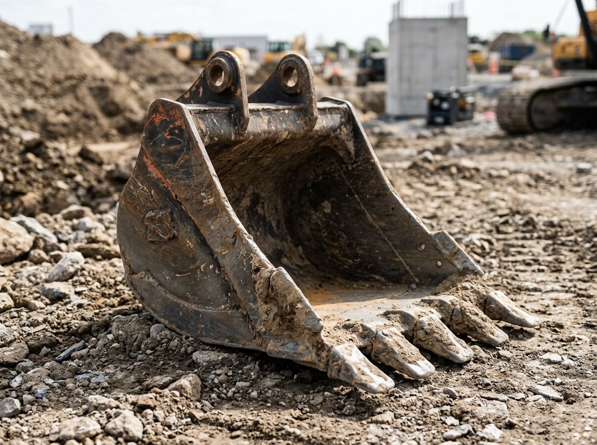 Godet de terrassement posé au sol sur un chantier, dents rapportées bien visibles