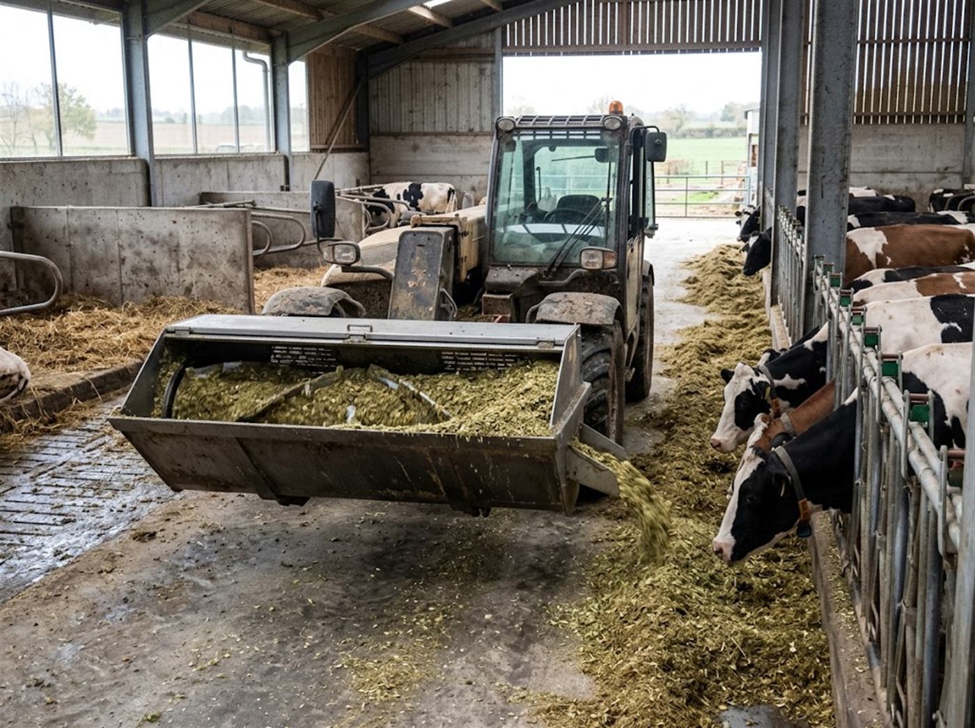 Un chargeur télescopique longe le couloir d'alimentation d'une stabulation et projette de l'ensilage de maïs le long du cornadis depuis un godet fermé à goulotte latérale ; des vaches mangent derrière la barrière, personne n'est visible.