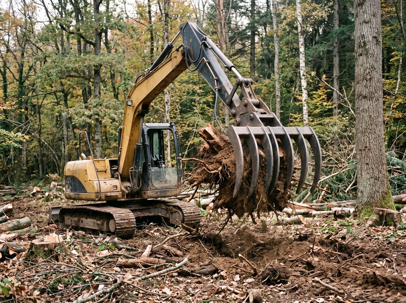 Forestry rake with widely spaced tines lifting a stump with its roots, the soil falling between the tines