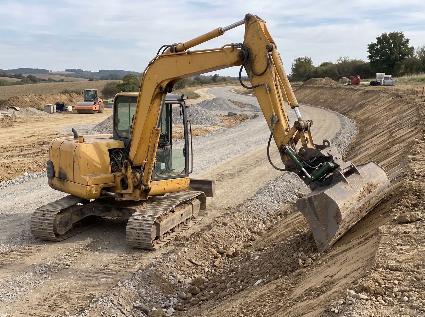 Godet inclinable réglant l'accotement d'une voirie en construction, le corps du godet basculé sur le côté par rapport au balancier