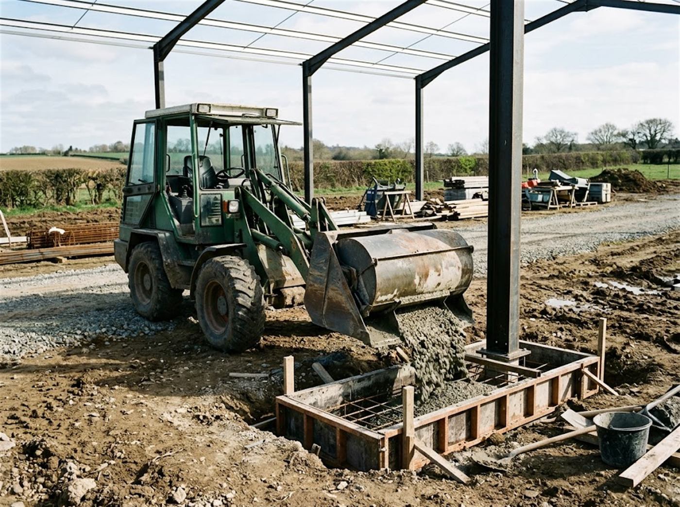 Un chargeur agricole verse du béton frais par la trappe latérale d'un godet mélangeur fermé dans le coffrage d'un plot de fondation, au pied d'un poteau de hangar en construction ; personne n'est visible.