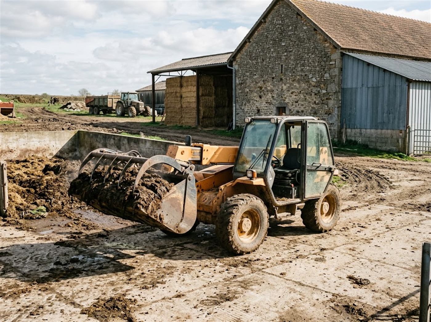 Un chargeur télescopique transporte du fumier pâteux dans un godet arrondi à grappin refermé, aux parois latérales pleines, à travers une cour de ferme bétonnée ; personne n'est visible.