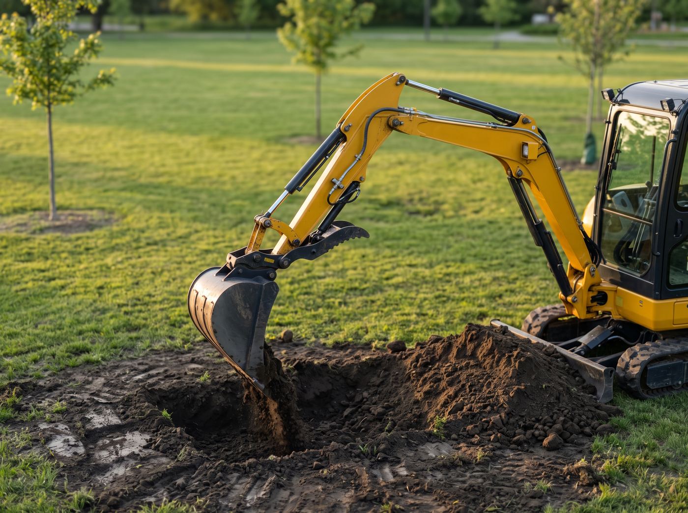 Godet planteur étroit sur mini-pelle ouvrant une fosse de plantation dans une pelouse de parc, terre ameublie déposée sur le bord
