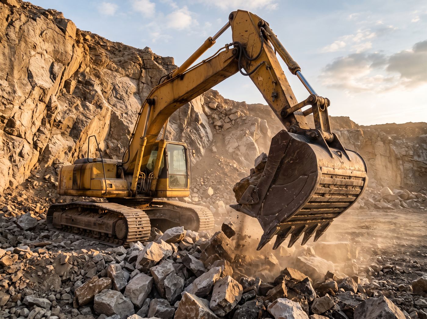 Rock bucket loading already fractured blocks at the foot of a quarry face