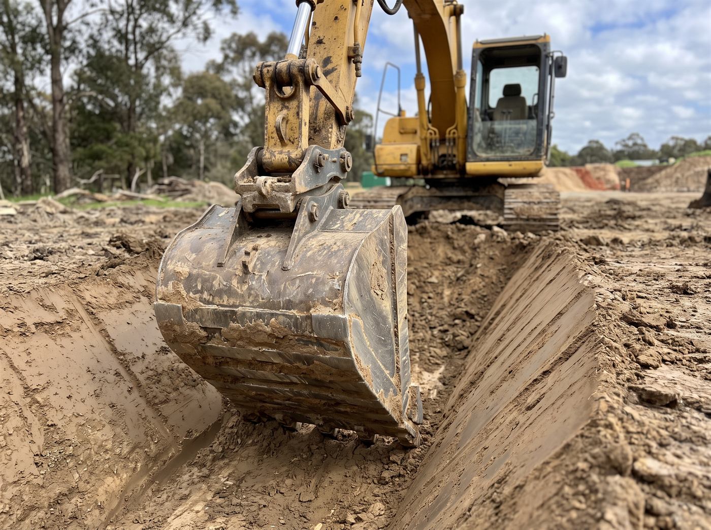 Trapezoidal bucket in a V-section ditch it has just profiled