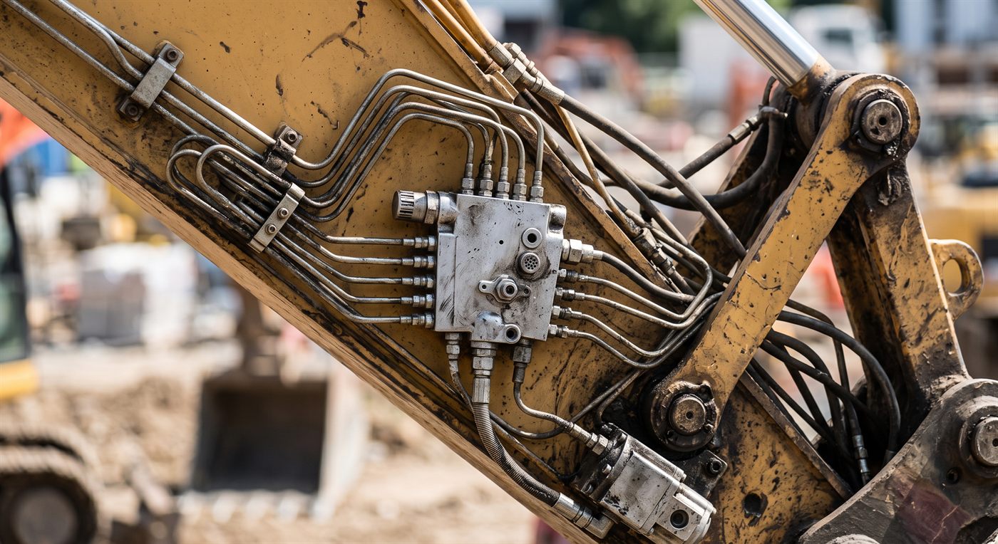 Un bloc distributeur de graissage fixé sur le flanc d'un balancier, d'où part un faisceau de conduites rigides maintenues par colliers vers les articulations de l'équipement.