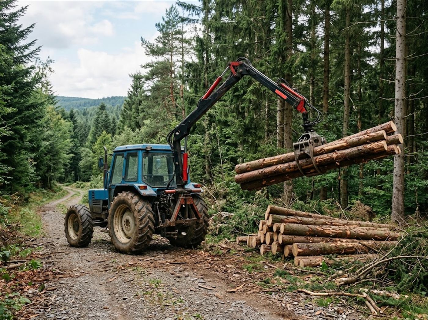 Un tracteur agricole soulève par l'arrière, au bout d'un col allongé, un faisceau de troncs d'épicéa serrés dans un grappin à mâchoires dentées, au bord d'une piste forestière ; personne n'est visible.