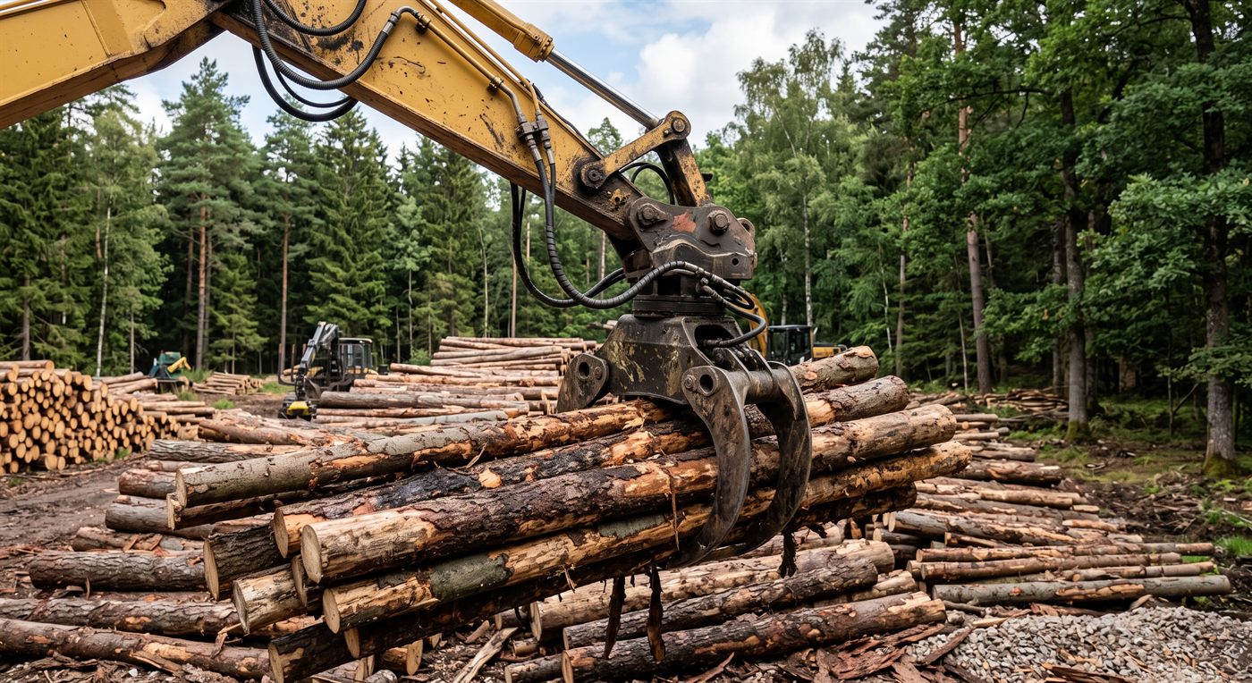 A forestry grapple holding an armful of logs above a stacking area; the two curved jaws follow the round shape of the timber, and the rotator is visible under the arm.
